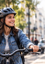 Cycliste souriante circulant à vélo en ville, en Île-de-France